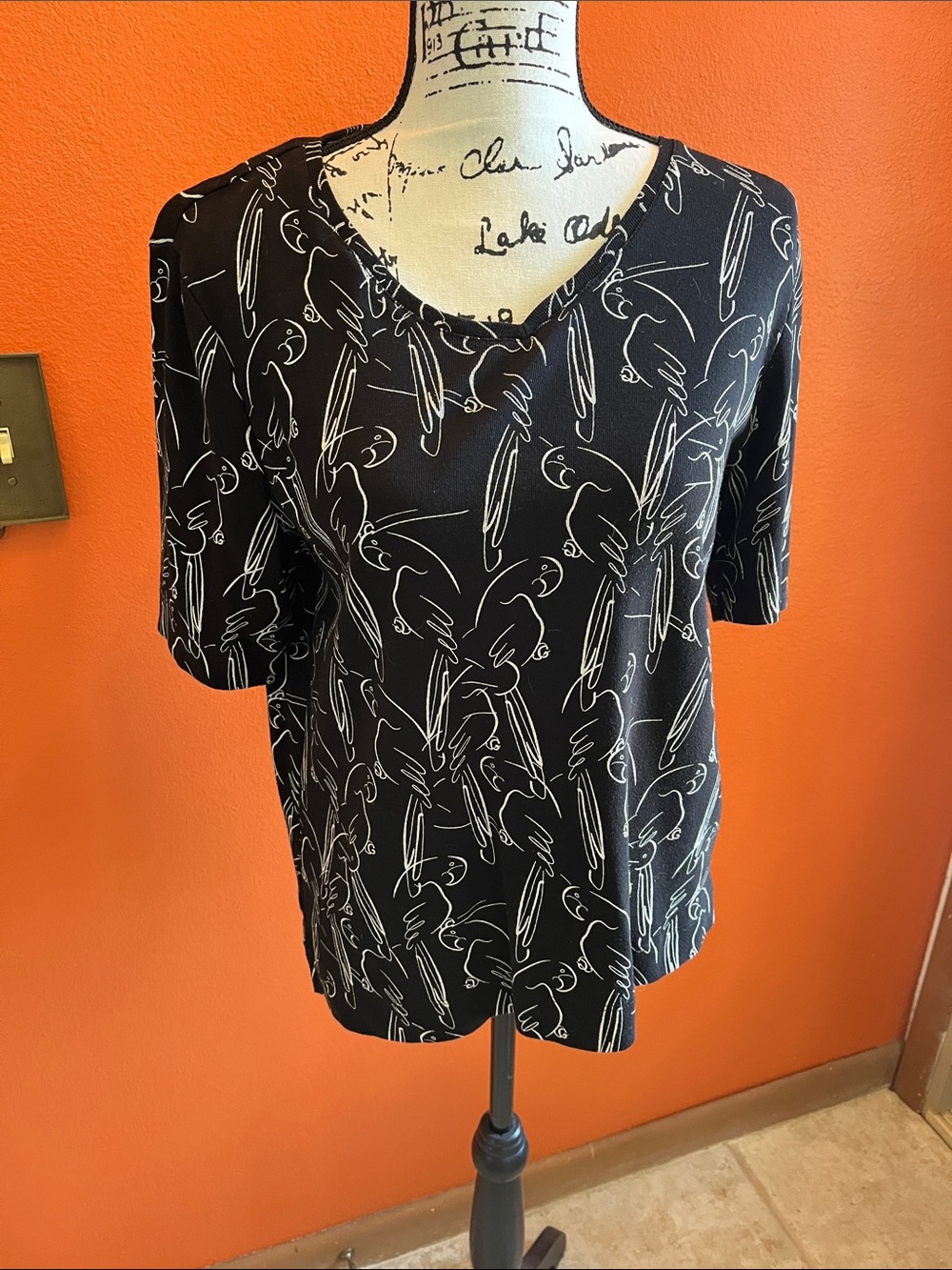 Black Short-Sleeve V-Neck Patterned Women's Top